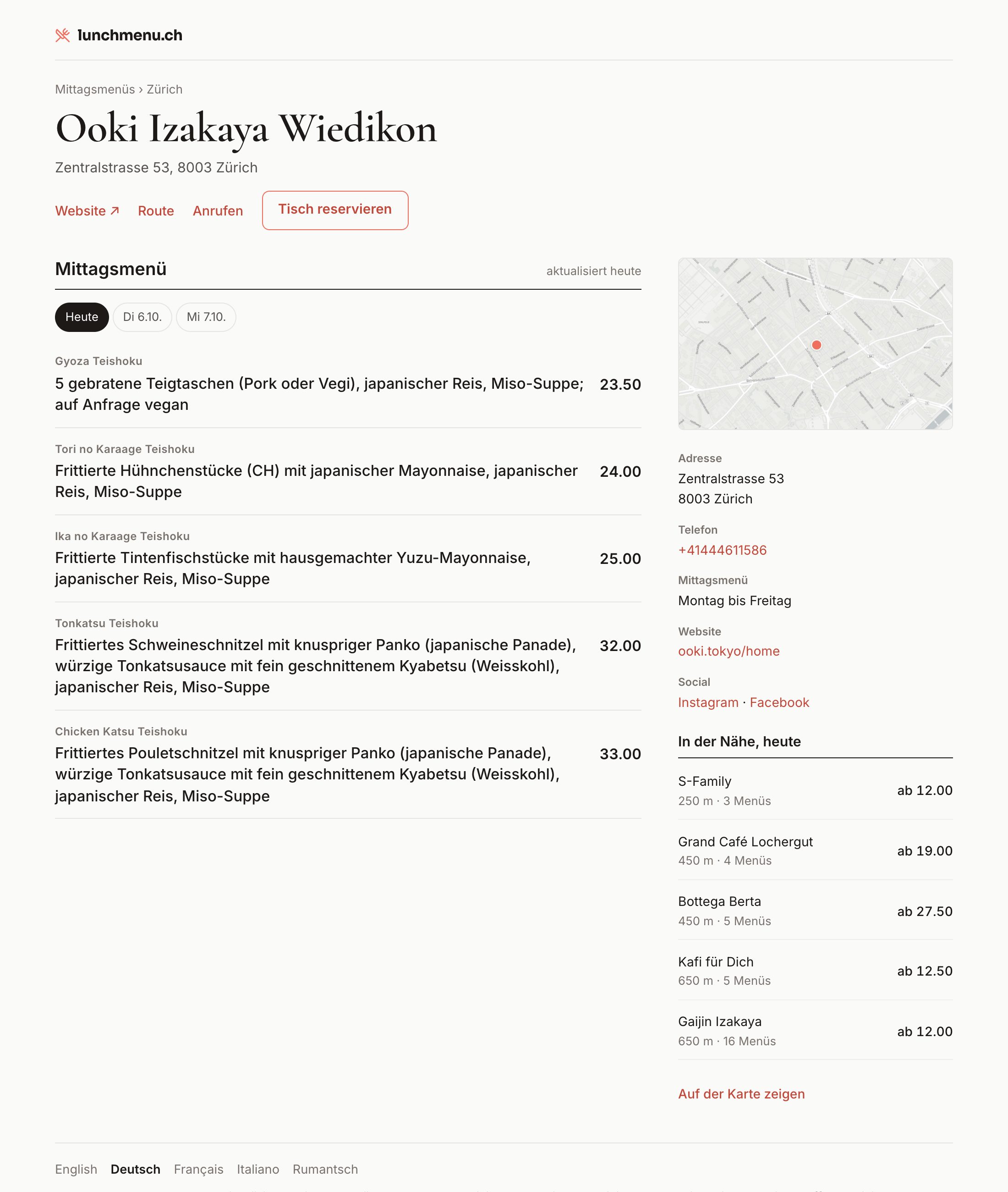 Die Seite des Ooki Izakaya in Zürich-Wiedikon auf lunchmenu.ch mit den Mittagsmenüs von heute, Kontakt und Karte