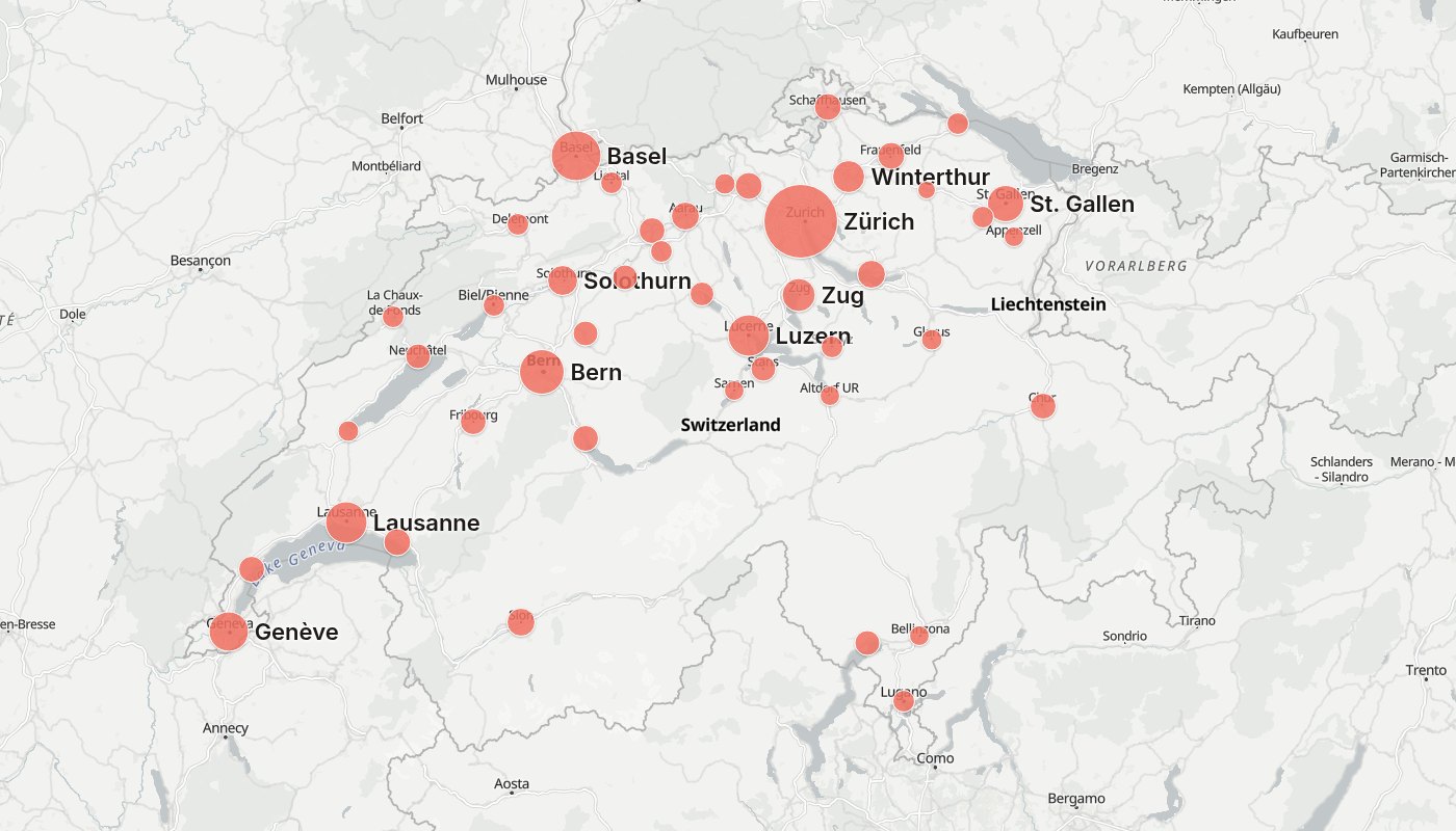 Schweizer Karte: Städte nach Anzahl Restaurants mit Mittagsmenü heute