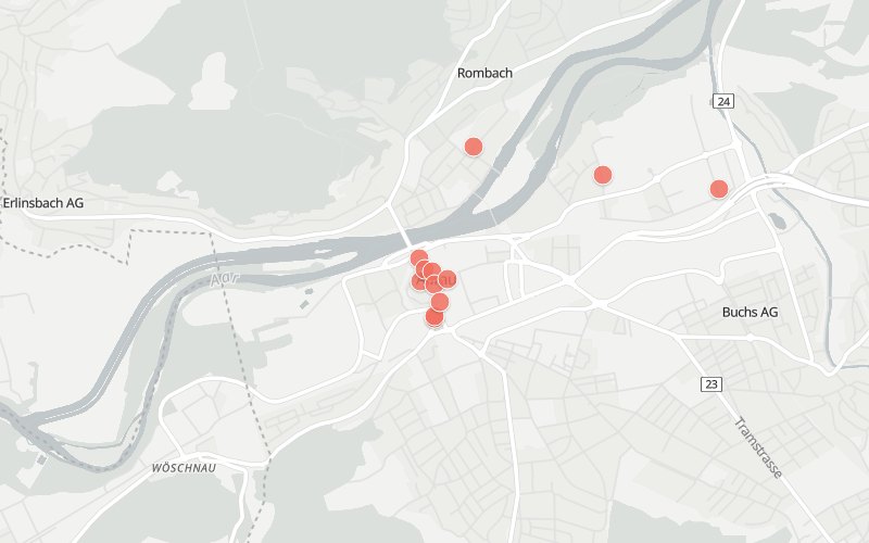Karte von Aarau mit 12 Restaurants, die heute ein Mittagsmenü haben