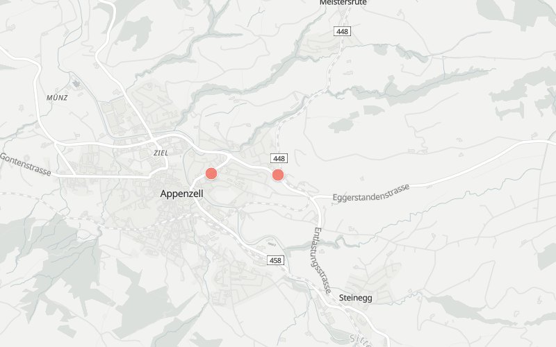 Karte von Appenzell mit 2 Restaurants, die heute ein Mittagsmenü haben