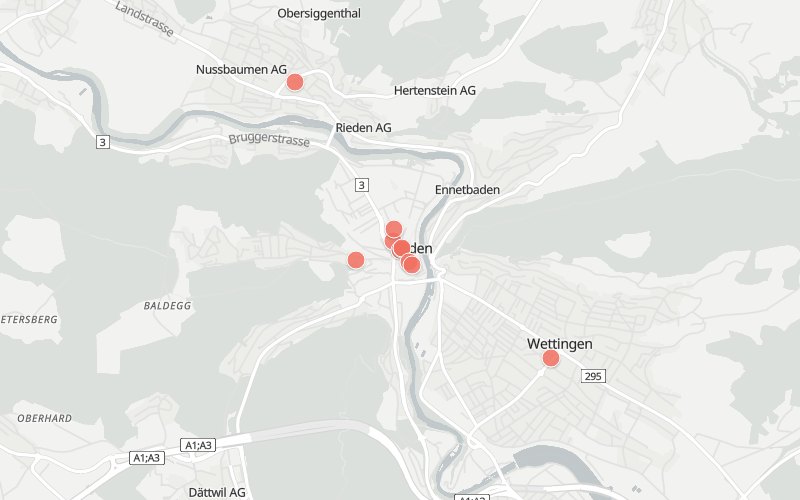 Karte von Baden mit 11 Restaurants, die heute ein Mittagsmenü haben