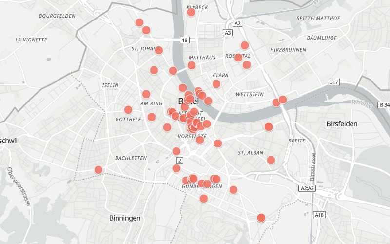 Karte von Basel mit 76 Restaurants, die heute ein Mittagsmenü haben