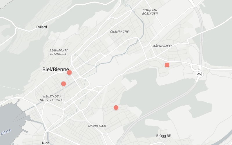 Karte von Biel/Bienne mit 4 Restaurants, die heute ein Mittagsmenü haben