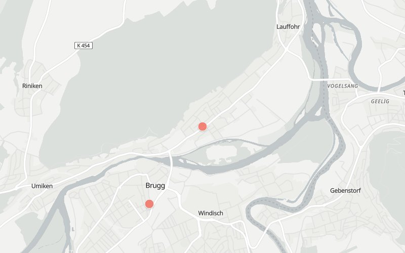 Karte von Brugg AG mit 2 Restaurants, die heute ein Mittagsmenü haben