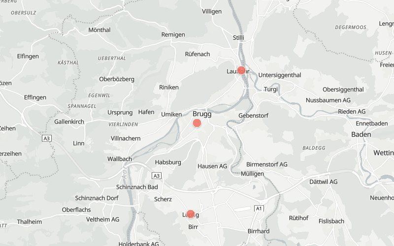 Karte von Brugg mit 3 Restaurants, die heute ein Mittagsmenü haben