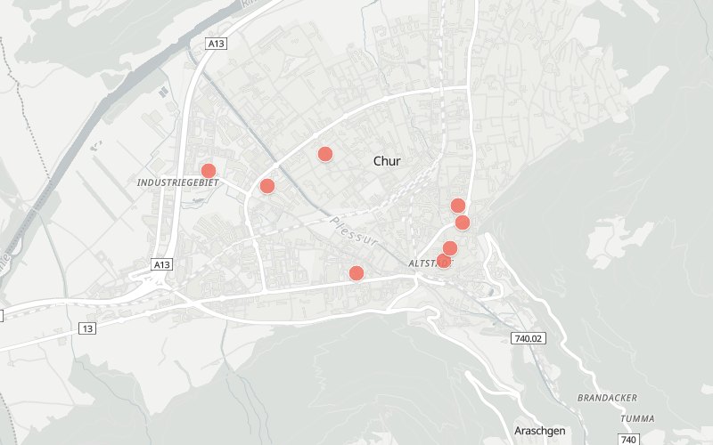 Karte von Chur mit 9 Restaurants, die heute ein Mittagsmenü haben