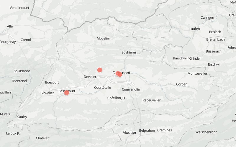 Carte de Delémont avec 4 restaurants proposant un menu du jour aujourd'hui