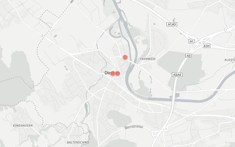 Karte von Dietikon mit 3 Restaurants, die heute ein Mittagsmenü haben