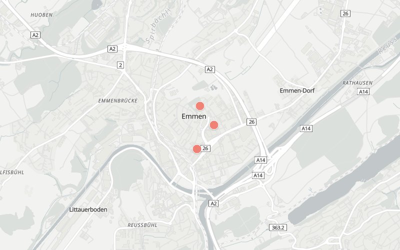 Karte von Emmenbrücke mit 3 Restaurants, die heute ein Mittagsmenü haben