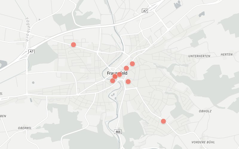 Karte von Frauenfeld mit 10 Restaurants, die heute ein Mittagsmenü haben