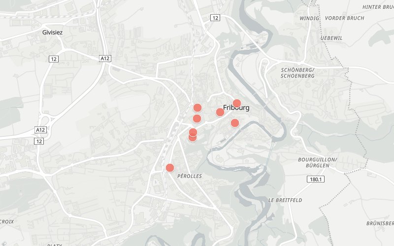 Carte de Fribourg avec 9 restaurants proposant un menu du jour aujourd'hui