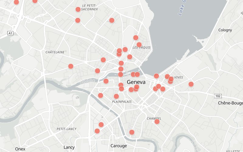 Carte de Genève avec 40 restaurants proposant un menu du jour aujourd'hui