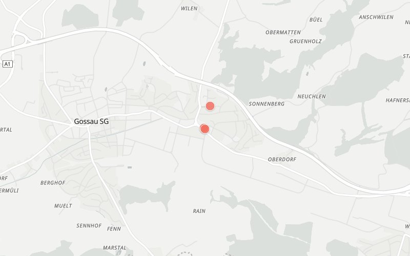 Karte von Gossau mit 3 Restaurants, die heute ein Mittagsmenü haben