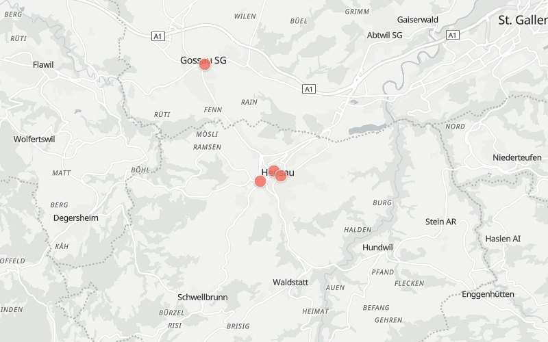 Karte von Herisau mit 4 Restaurants, die heute ein Mittagsmenü haben