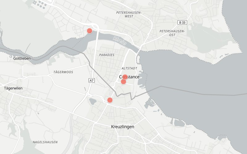 Karte von Kreuzlingen mit 4 Restaurants, die heute ein Mittagsmenü haben