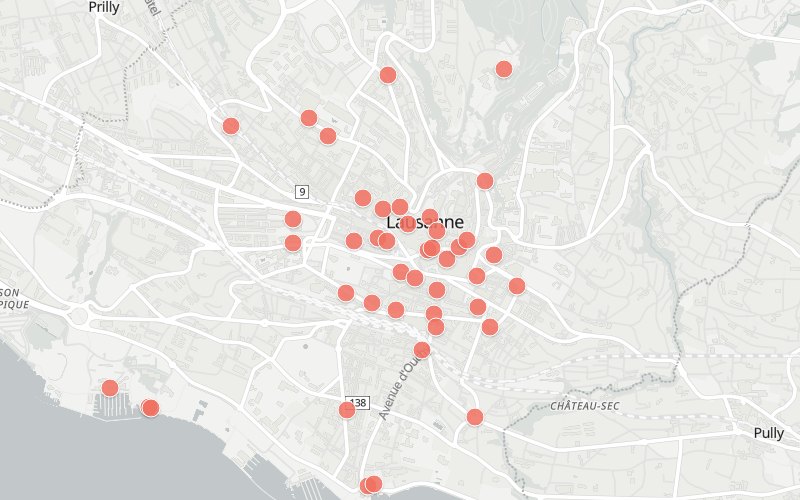 Carte de Lausanne avec 47 restaurants proposant un menu du jour aujourd'hui