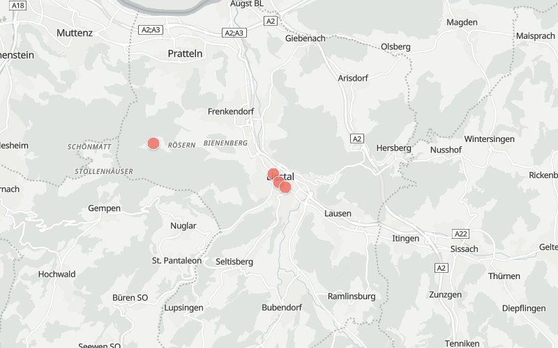 Karte von Liestal mit 4 Restaurants, die heute ein Mittagsmenü haben