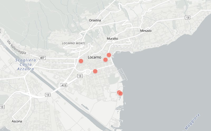 Mappa di Locarno con 7 ristoranti con menu del giorno oggi