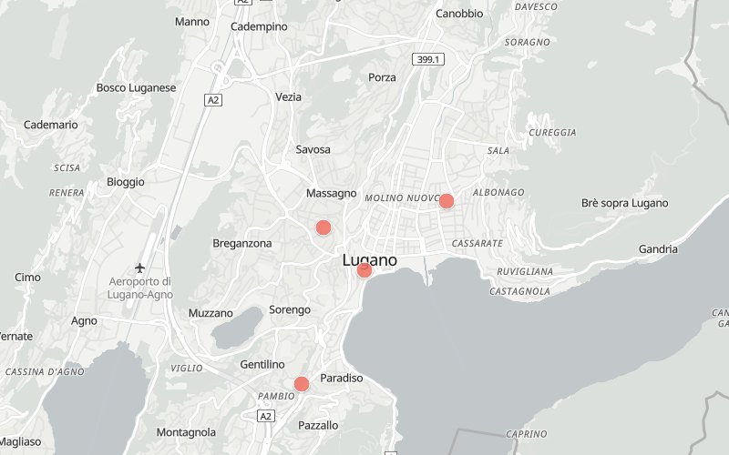 Mappa di Lugano con 4 ristoranti con menu del giorno oggi
