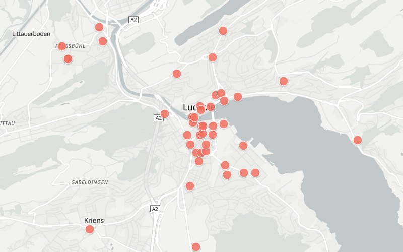 Karte von Luzern mit 45 Restaurants, die heute ein Mittagsmenü haben