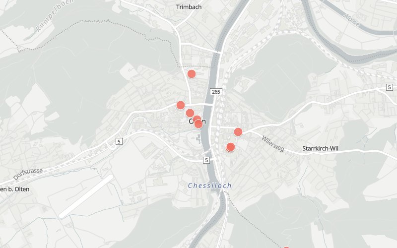 Karte von Olten mit 9 Restaurants, die heute ein Mittagsmenü haben