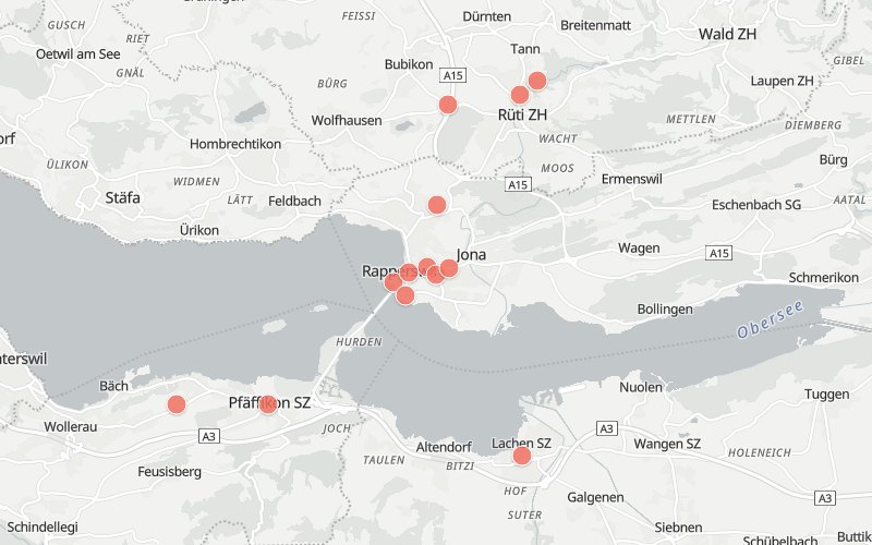 Karte von Rapperswil-Jona mit 13 Restaurants, die heute ein Mittagsmenü haben