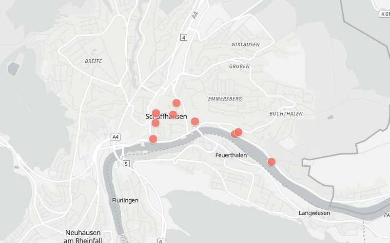 Karte von Schaffhausen mit 11 Restaurants, die heute ein Mittagsmenü haben