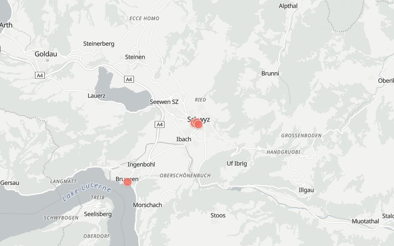 Karte von Schwyz mit 4 Restaurants, die heute ein Mittagsmenü haben