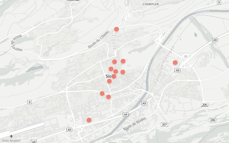 Carte de Sion avec 12 restaurants proposant un menu du jour aujourd'hui