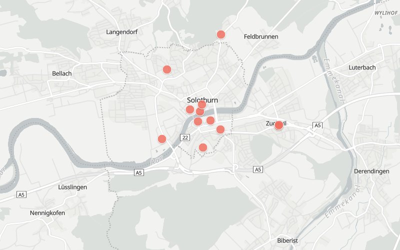 Karte von Solothurn mit 15 Restaurants, die heute ein Mittagsmenü haben