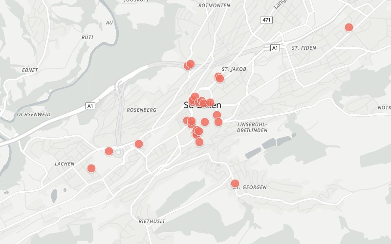 Karte von St. Gallen mit 31 Restaurants, die heute ein Mittagsmenü haben