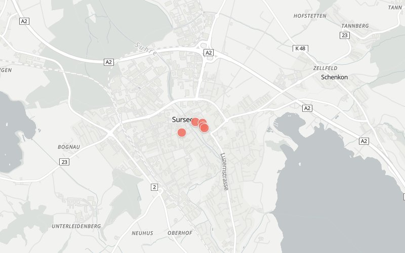 Karte von Sursee mit 6 Restaurants, die heute ein Mittagsmenü haben