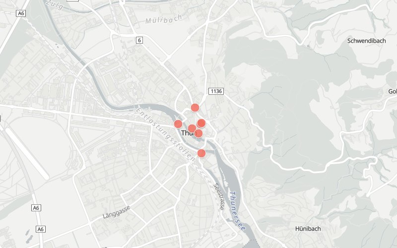 Karte von Thun mit 9 Restaurants, die heute ein Mittagsmenü haben