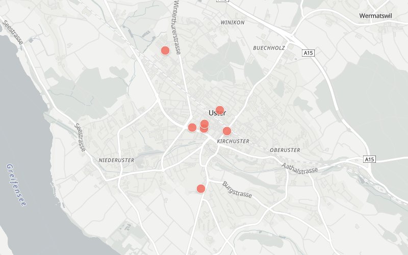 Karte von Uster mit 7 Restaurants, die heute ein Mittagsmenü haben