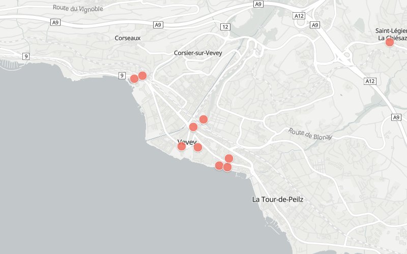 Carte de Vevey avec 10 restaurants proposant un menu du jour aujourd'hui
