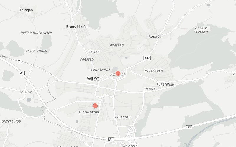 Karte von Wil SG mit 2 Restaurants, die heute ein Mittagsmenü haben