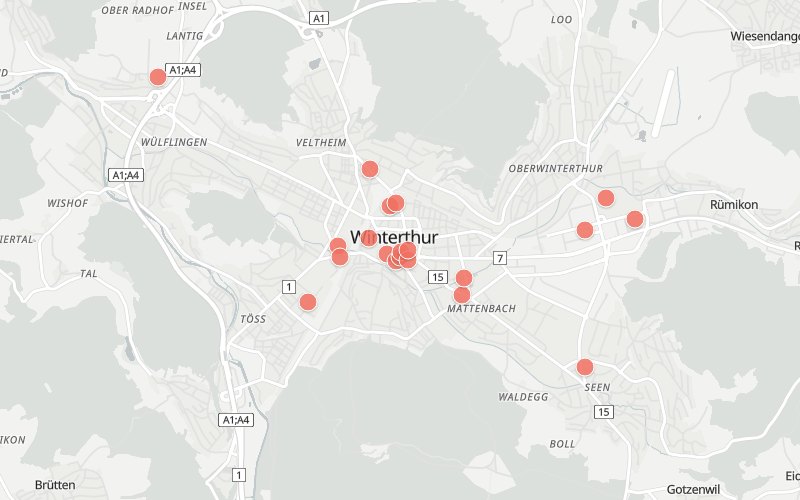 Karte von Winterthur mit 20 Restaurants, die heute ein Mittagsmenü haben