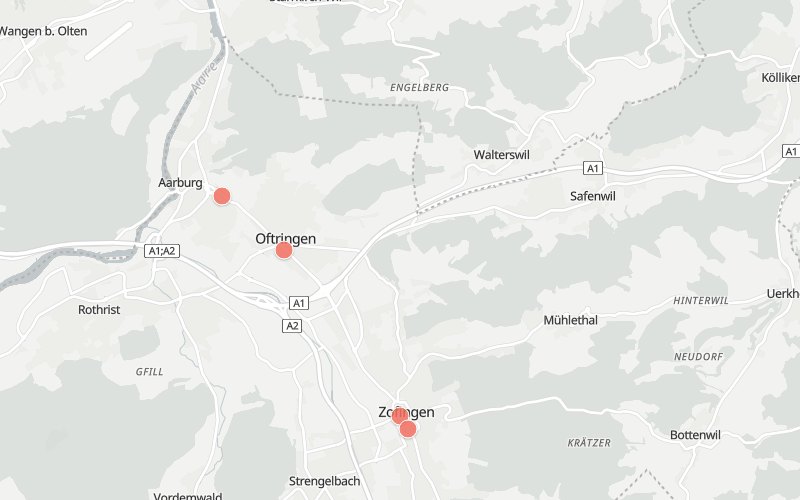 Karte von Zofingen mit 4 Restaurants, die heute ein Mittagsmenü haben