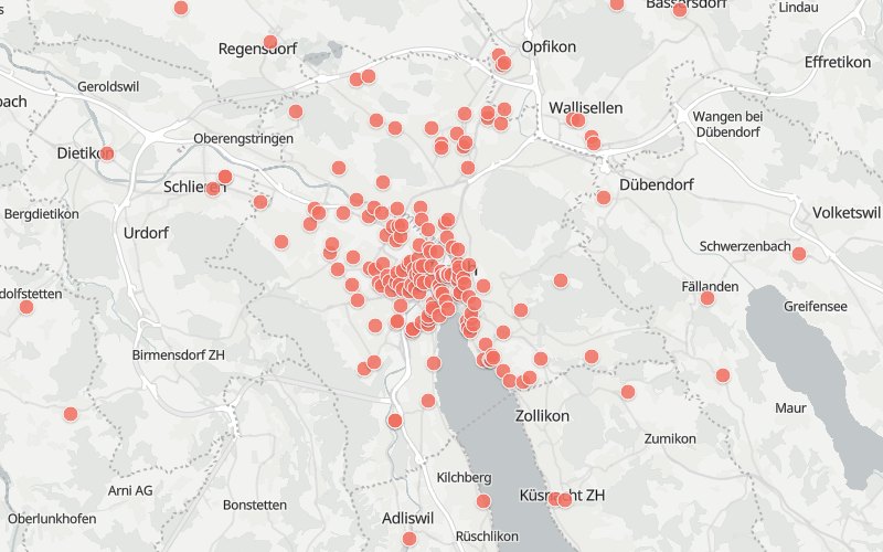 Karte von Zürich mit 210 Restaurants, die heute ein Mittagsmenü haben