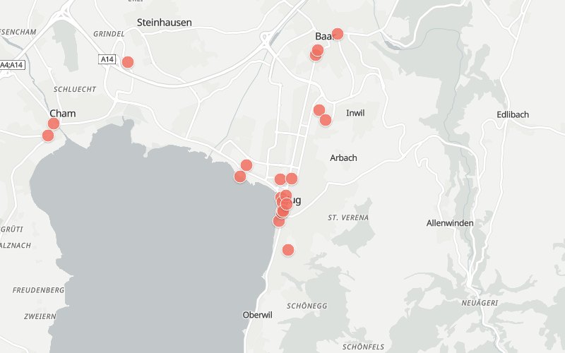 Karte von Zug mit 22 Restaurants, die heute ein Mittagsmenü haben